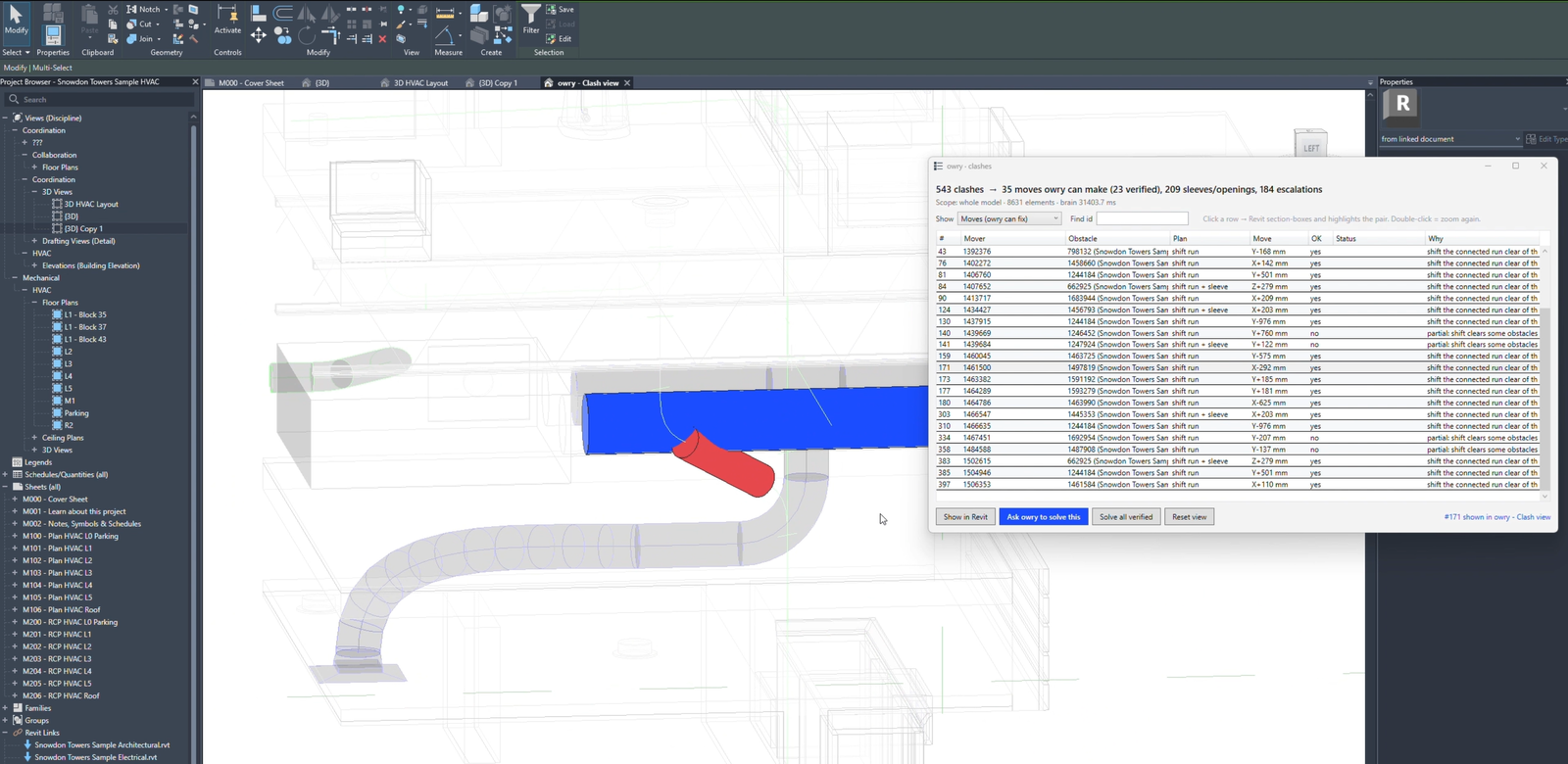 The clashing pipe and duct isolated in the 3D view